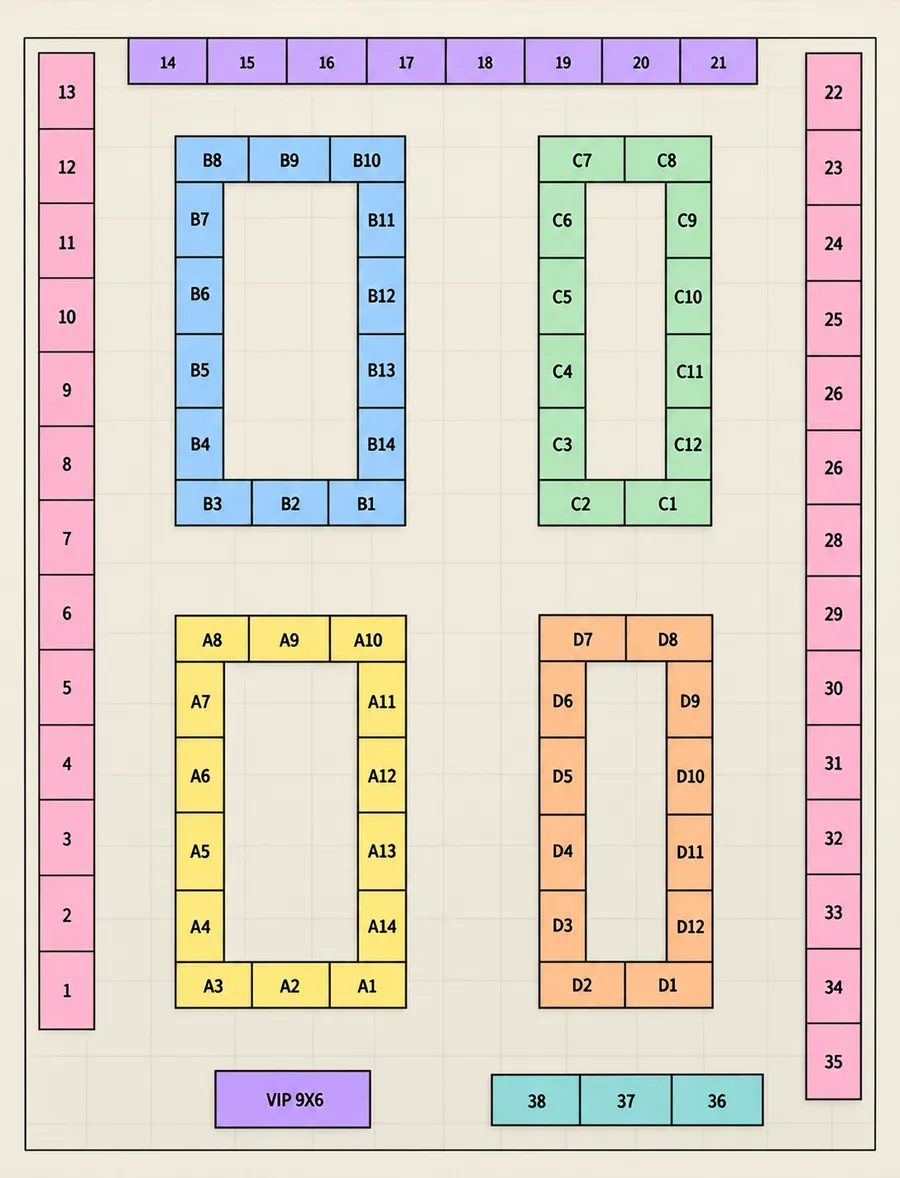 Floor plan of vendor tables. Tables 1 to 13 run down the left wall and 14 to 21 along the top. Tables 22 to 35 run down the right wall. Four islands of tables, labeled A1 to A14, B1 to B14, C1 to C12 and D1 to D12, fill the middle. Tables 36 to 38 and a VIP 9 by 6 space are along the bottom.